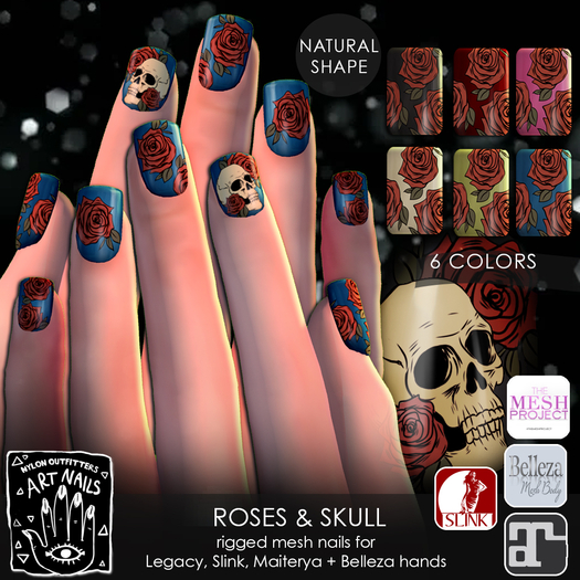 (NO) Art Nails - Natural - Skull & Roses