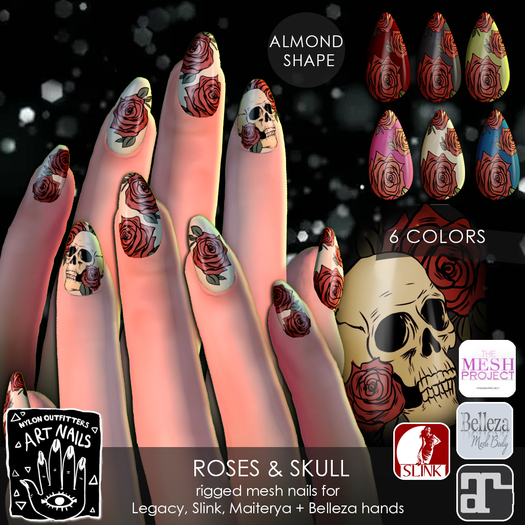 (NO) Art Nails - Almond - Skull & Roses