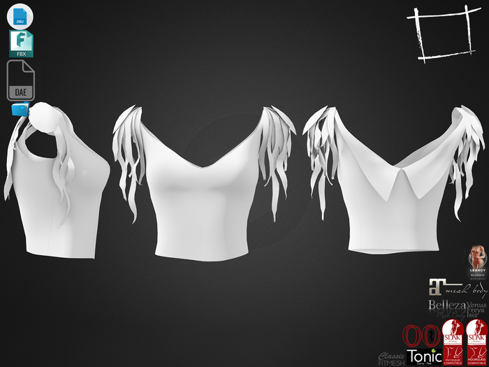Dae Obj FBX For Women's Ribbons Shoulders Open Chest Top Slink, Maitreya, Belleza, Tonic, Legacy,
