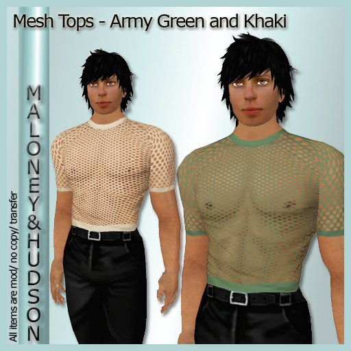 Mens Army Green and Khaki Mesh Tops