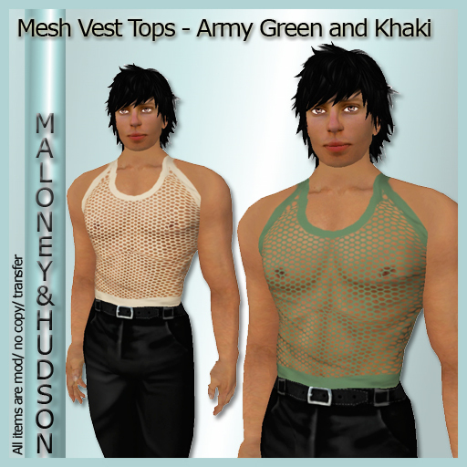 Mens Army Green and Khaki Mesh Vest Tops