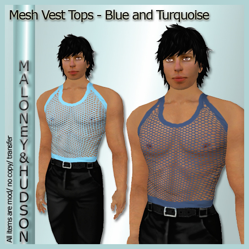 Mens Blue and Turquoise Mesh Vest Tops