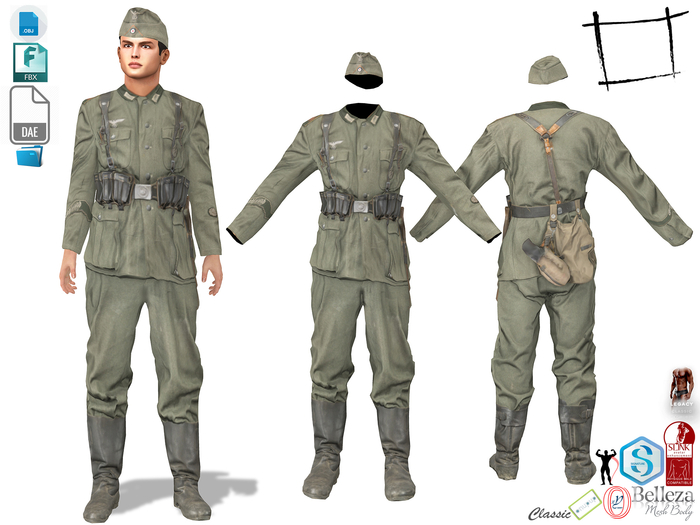 Dae Obj FBX Men's WW1 WW2 Soldier Uniform with Cap Slink Male, Belleza Jake, Signature Gianni, Gamit