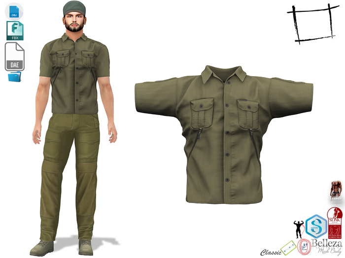 Dae Obj FBX Men's Khaki Short Sleeves Double Breasts Pockets Discovery Shirt Slink Male,Belleza Jake