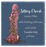 ~Sitting Cherub on pillar of Pink Roses & Lobelia~