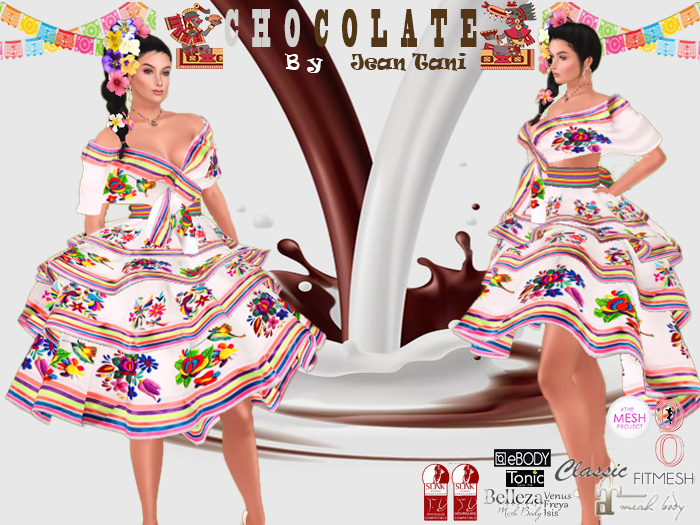 MEXICAN DRESS WHITE AND BLUE WITH FLOWERS HAIRSTYLE