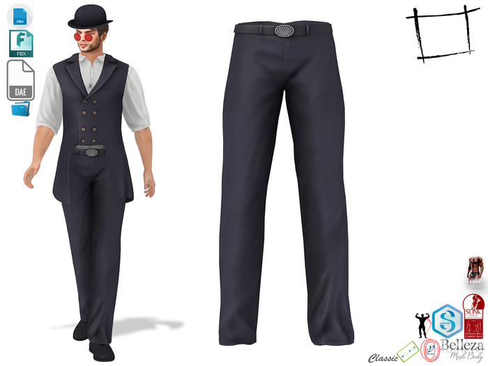 Dae Obj FBX Men's Wild West Long Pants with Belt Slink Male, Belleza Jake, Signature