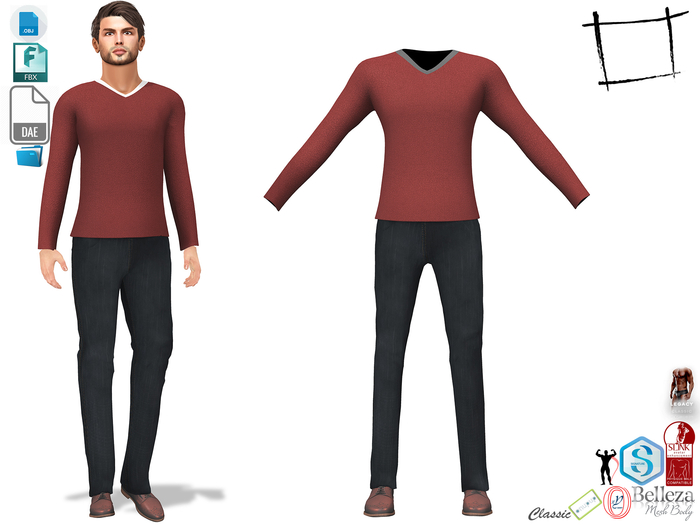 Dae Obj FBX Men's V Neck Jumper Pants Shoes Outfit Slink Male, Belleza Jake, Signature