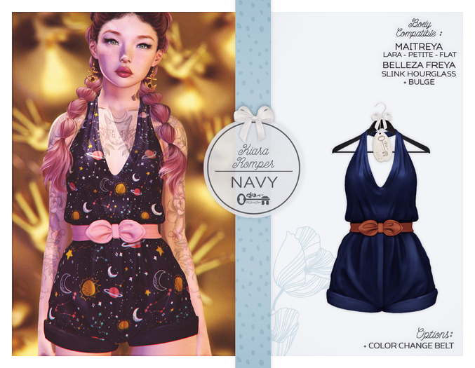 The Secret Store - Kiara Romper - Belleza Freya, Slink Hourglass, Maitreya Lara + Petite + Flat, Bulge - Navy