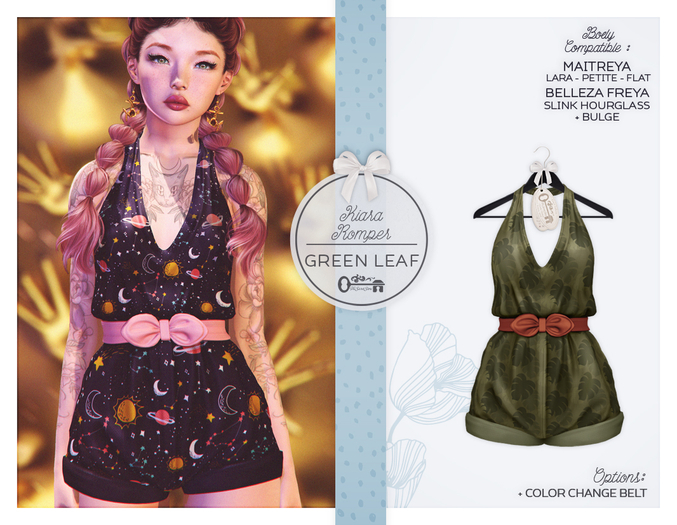 The Secret Store - Kiara Romper - Belleza Freya, Slink Hourglass, Maitreya Lara + Petite + Flat, Bulge - Green Leaf