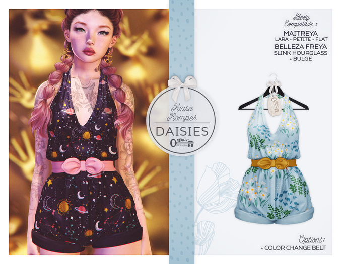 The Secret Store - Kiara Romper - Belleza Freya, Slink Hourglass, Maitreya Lara + Petite + Flat, Bulge - Daisies