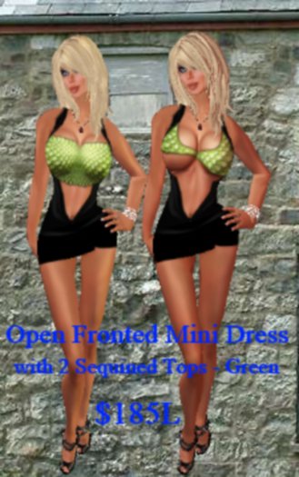 Open Fronted Mini Dress & Sequined Tops - Green