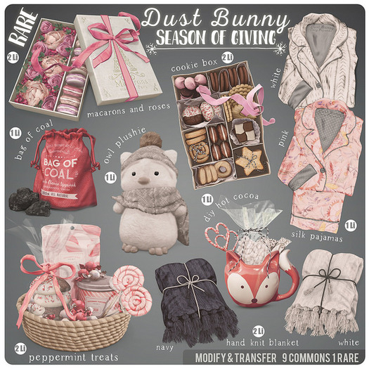 dust bunny . season of giving . silk pajamas . white