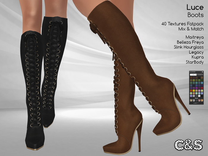 C&S Luce Boots for Maitreya Lara, Slink, Belleza, Kura, StarBody and Legacy. 40 Text. Mix & Match.