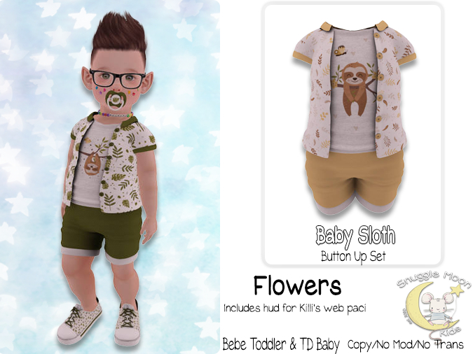{SMK} Baby Sloth | Button Up Set | Flowers 