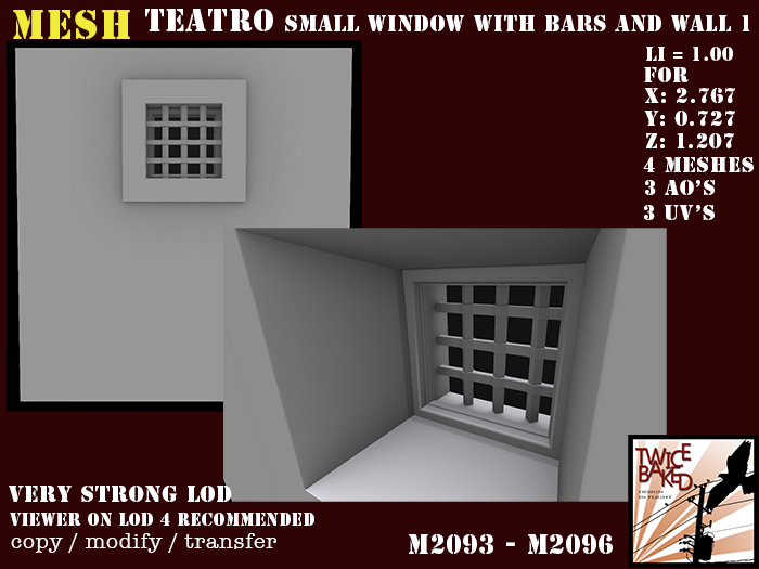 "TB" Teatro small window with bars and wall M2093 M2096