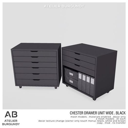 Atelier Burgundy . Chester Drawer Unit Wide Black *ADD*