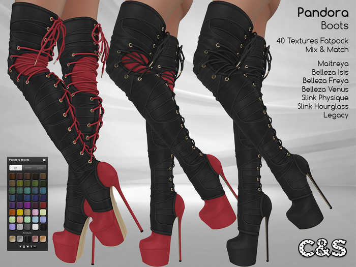 C&S Pandora Boots for Maitreya Lara, Slink, Belleza and Legacy. 40 Text. Mix & Match.
