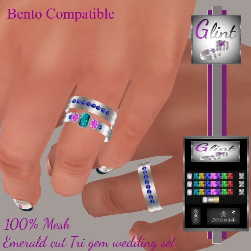.:Glint:. Emerald cut Tri gem wedding set w HUD