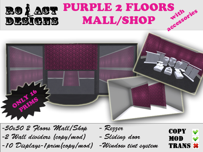 ..::RO!ACT::..DESIGNS 50x50 Purple Two Floors Mall/Shop with Displays and Dividing Walls - 16 prims building
