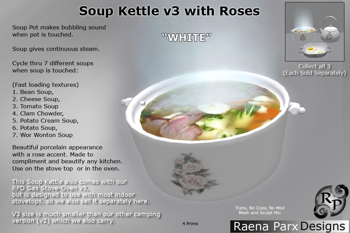 Soup Kettle v3b with Roses - WHITE - with 7 Soups - for Kitchen - *RPD* - NEW!!!