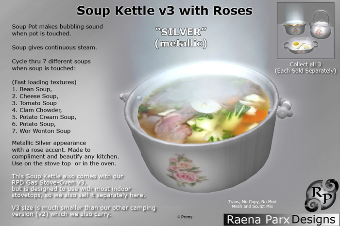 Soup Kettle v3b with Roses - SILVER - with 7 Soups - for Kitchen - *RPD* - NEW!!!