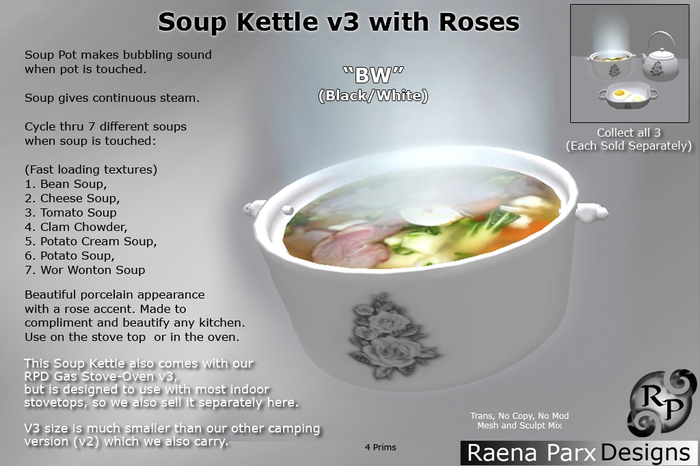 Soup Kettle v3b with Roses - BLACK & WHITE - with 7 Soups - for Kitchen - *RPD* - NEW!!!