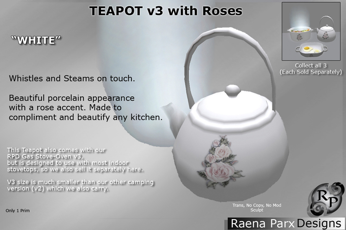 Steaming Teapot Tea Kettle v3b - WHITE (with roses) - *RPD* - NEW!!!