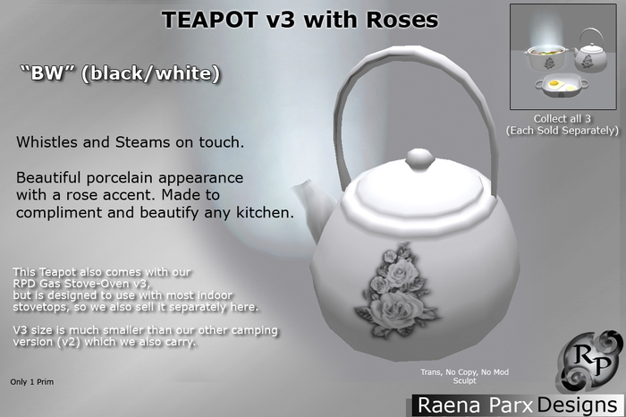 Steaming Teapot Tea Kettle v3b - BLACK & WHITE (with roses) - *RPD* - NEW!!!