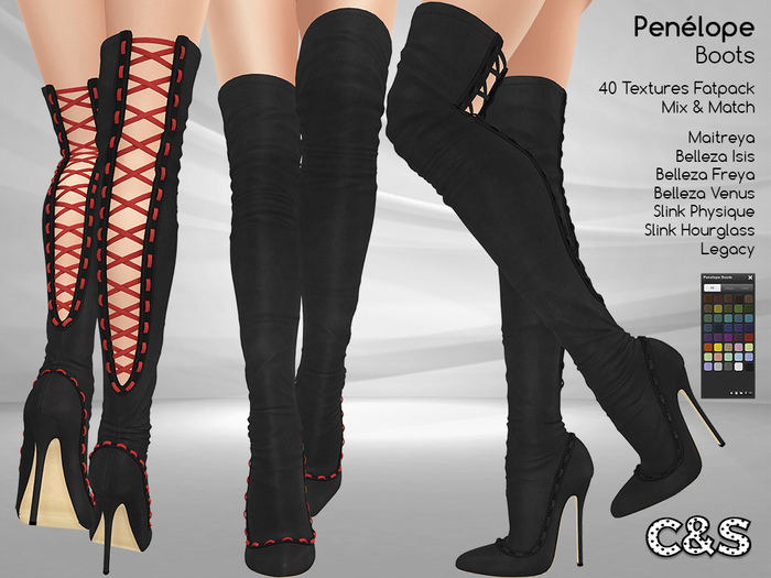 C&S Penélope Boots for Maitreya Lara, Slink, Belleza and Legacy. 40 Text. Mix & Match.