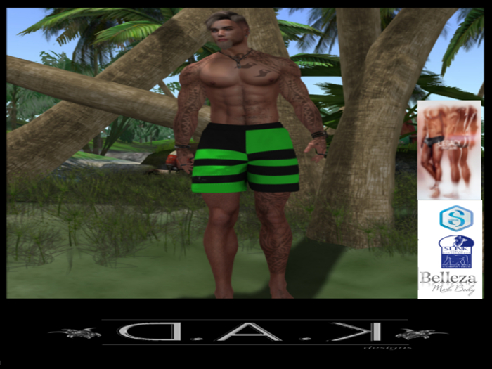 D.A.K~ Men's Loose Board Shorts Lime/Black Stripe  