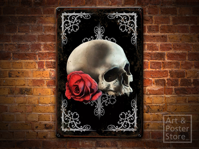 SKULL AND ROSE | Gothic Spooky Poster | Rusty Metal Style Wall Sign 
