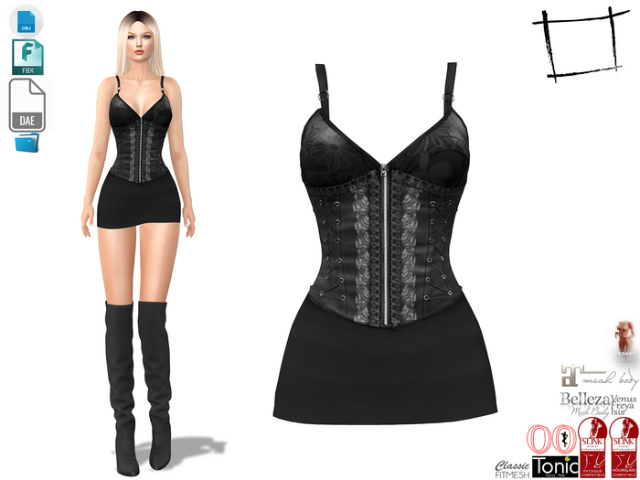 Dae Obj FBX For Black Straps Corset Mini Dress Slink, Maitreya, Belleza, Tonic, Legacy, Voluptuous