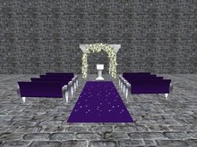 PROMO Purple wedding Package: Wedding cake, aisle, minister stand/podium, benches, tables, chairs, arch, candle