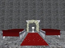 PROMO Red wedding Package: Wedding cake, aisle, minister stand/podium, benches, tables, chairs, arch, candle