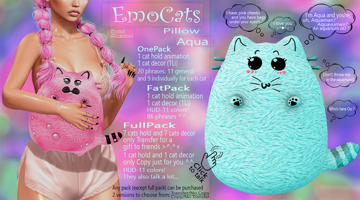 .:Bad Rabbit:. (Co/NTr) EmoCats Pillow Aqua