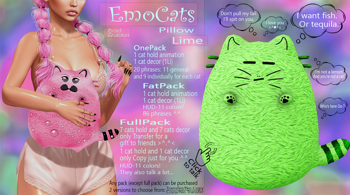 .:Bad Rabbit:. (Co/NTr) EmoCats Pillow Lime