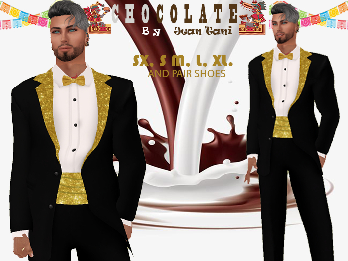 TUXEDO, SMOKING, BLACK AND GOLD. RIGID MESH, AND FORMAL SHOES