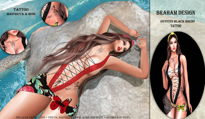 Braham Design Black Gold Bikini Pareo Tattoo Outfits