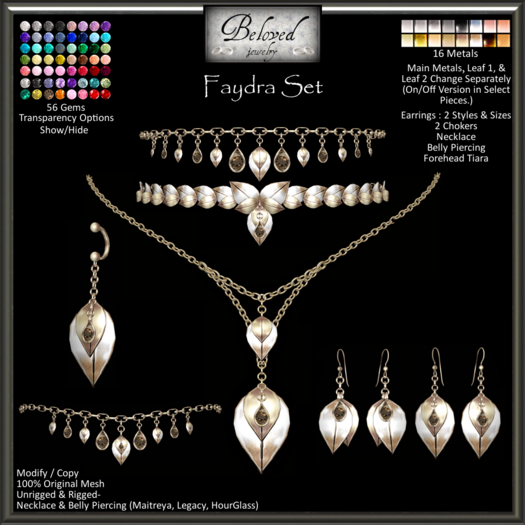 Beloved Jewelry : Faydra Leaf Set (Texture Change) Earrings, Chokers, Necklace, Belly Piercing, Tiara