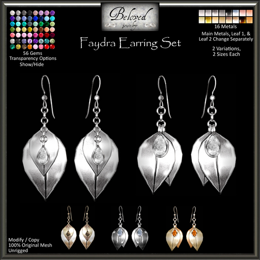 Beloved Jewelry : Faydra Leaf Earrings Set (Texture Change) 2 Versions, 2 Sizes Each, Hide Options, Gold, Silver