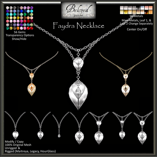 Beloved Jewelry : Faydra Leaf Necklace (Texture Change) Maitreya, Legacy, HourGlass, Gold, Silver, Diamond