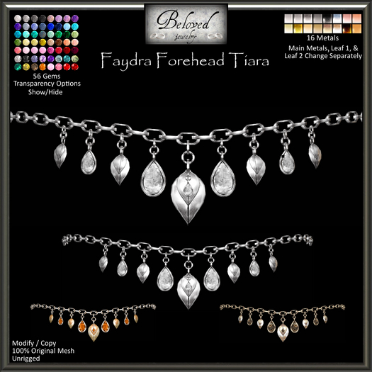 Beloved Jewelry : Faydra Leaf Forehead Tiara (Texture Change) Crown, Headband, Hide Options, Gold, Silver, Diamond
