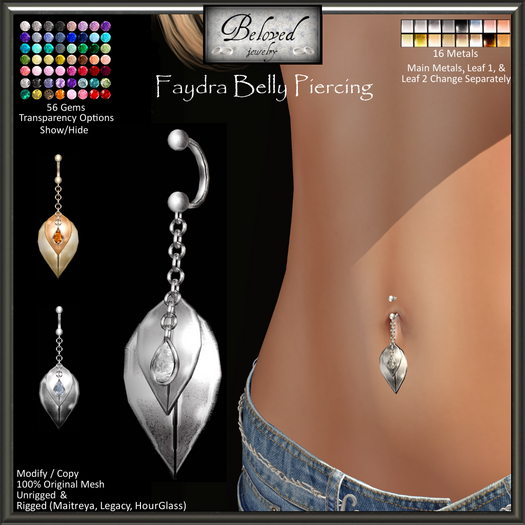 Beloved Jewelry : Faydra Leaf Belly Piercing (Texture Change) Hide Options, Gold, Silver, Diamond, Maitreya, Legac