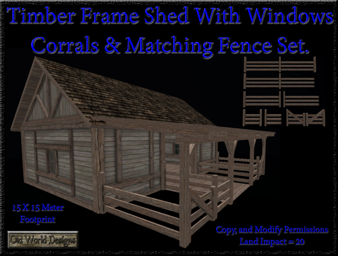 Old World Designs Timber Frame Shed Stable with Windows Corrals & Matching Fence Building set