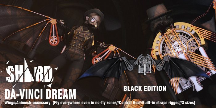 DaVinci Dream - Animesh wings Black + fly everywhere scripted
