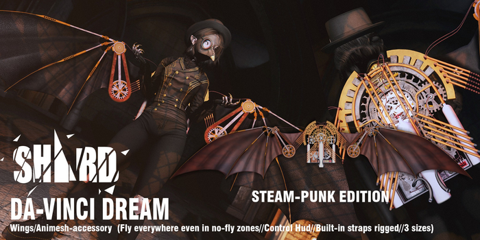 DaVinci Dream - Animesh wings Steampunk + fly everywhere scripted