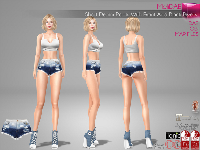 Dae, Obj, FBX, And Texture Files Short Ripped Denim Jeans Pants With Front And Back Rivets For Legacy Maitreya Slink