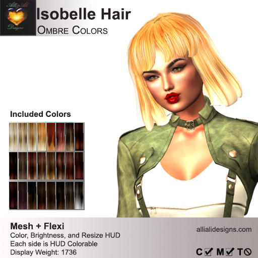 A&A Isobelle Hair Ombre Colors V2, mid length mesh style, left and right side separately colorable