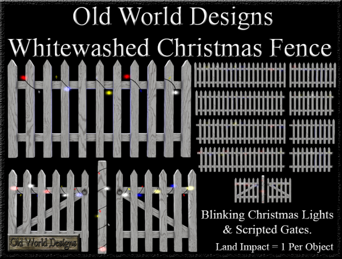 Old World Designs Christmas Picket Fence with Blinking Christmas Lights & Scrtipted Gates Whitewash wood fence set